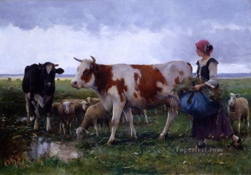  peasant Painting - Peasant woman with cows and sheep farm life Realism Julien Dupre